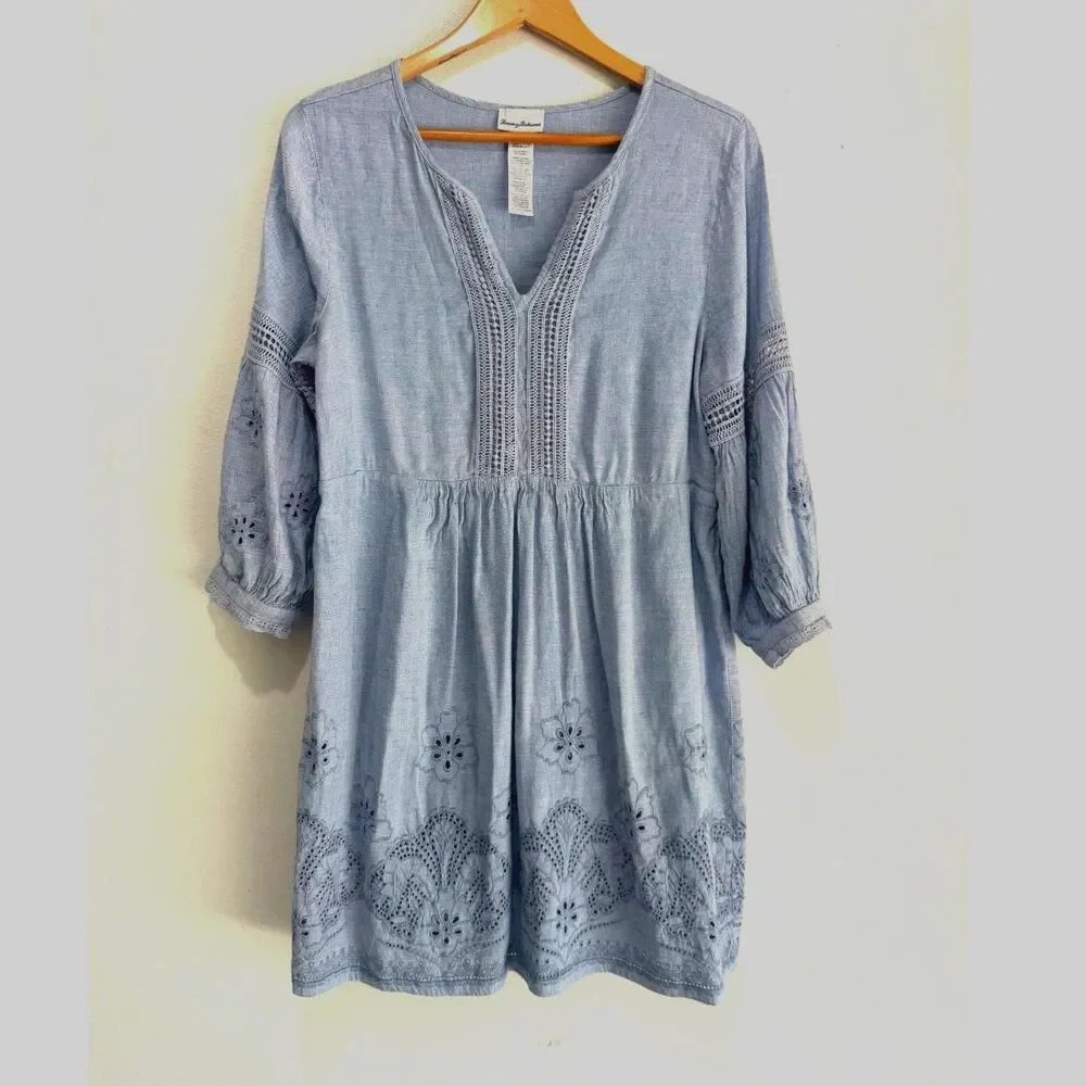 Tommy Bahama dress linen blend chambray like babydoll embroidered summer women L - Picture 1 of 6